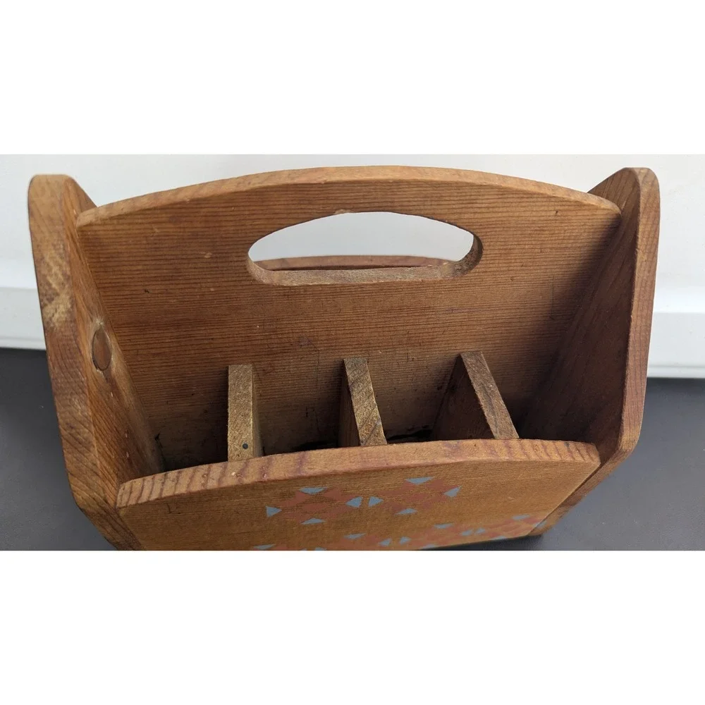 Vintage Rustic Wooden Caddy Organizer Stenciled Heart Folk Art Mail Sorter